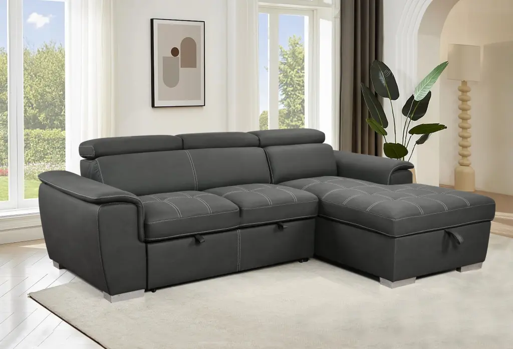 97 Inch Convertible Sectional Sofa Storage Chaise Customizable Headrest happy home