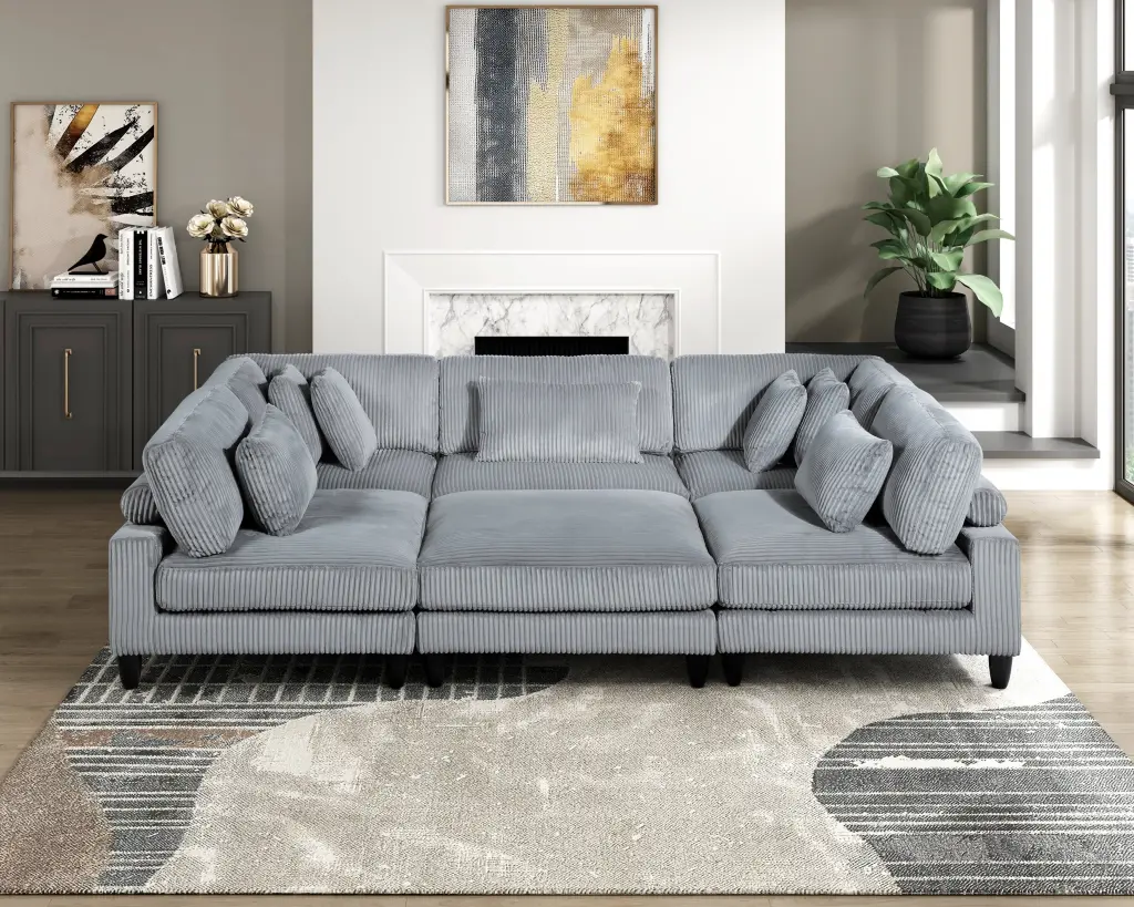 6Pc Modular Sectional Set Gray Corduroy Upholstery 3 Armless Chairs 2 Ottomans kanepe