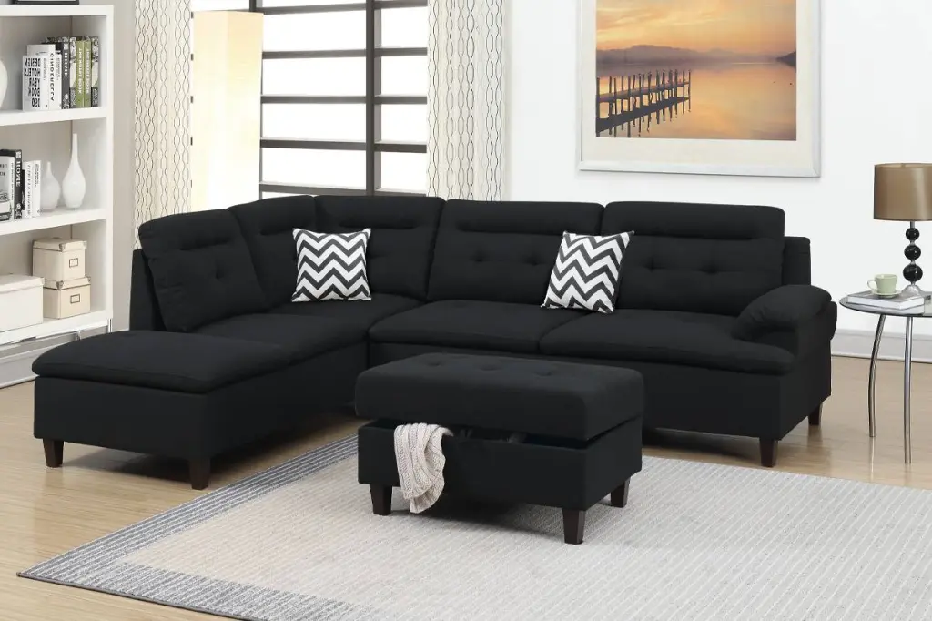 Black Cushion Sectional Sofa Ottoman Linen Like Fabric Living Room kanepe