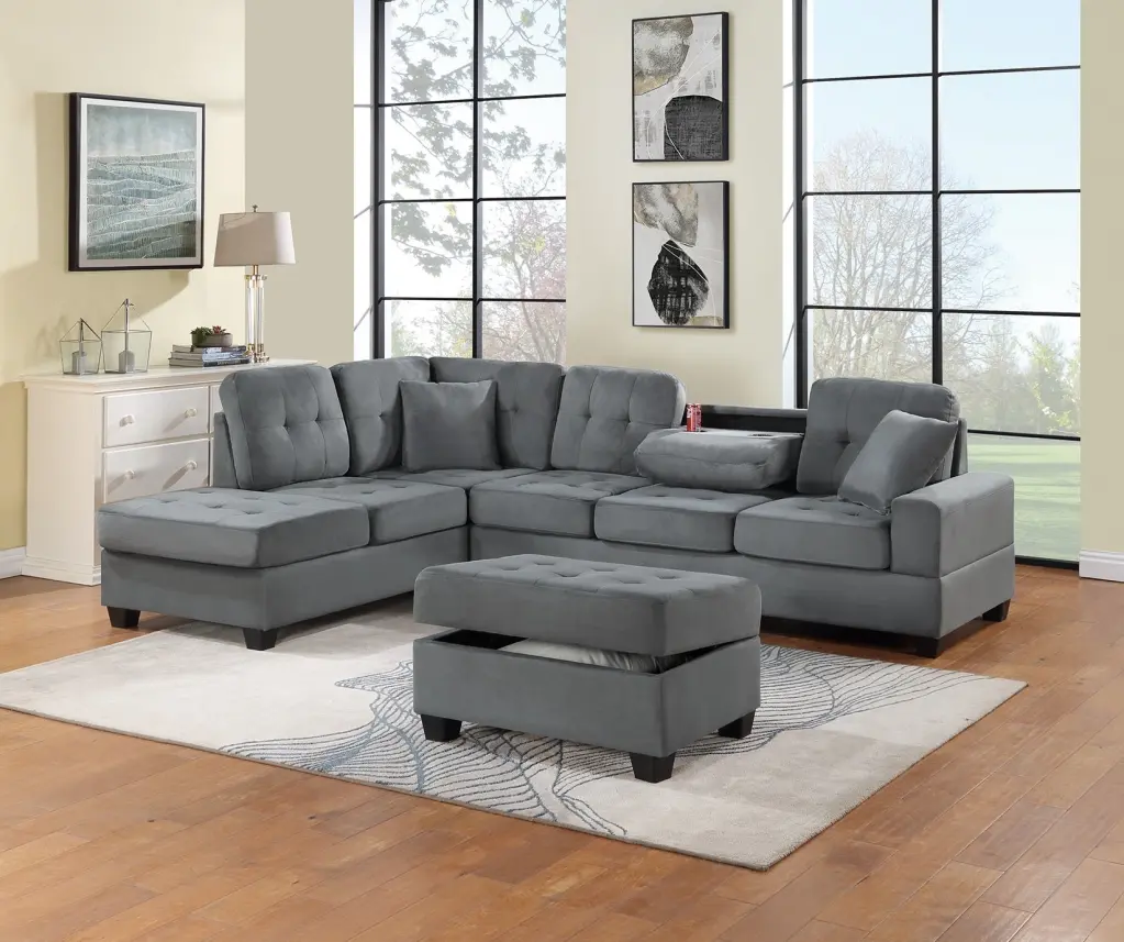 Dark Gray Plush Microfiber Reversible Sectional Sofa 3 Piece Set kanepe