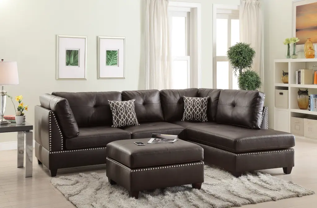 3 Piece Sectional Sofa Espresso Bonded Hide Cushion Sofa Chaise Ottoman Set kanepe