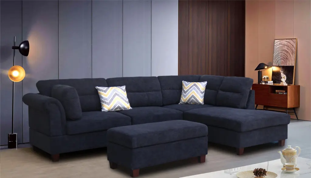 Diego 103.5 Inch Black Material Sectional Sofa Right Facing Chaise Storage Modern lilola home