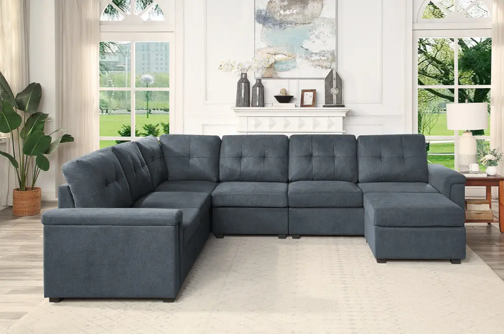 Isla 119 Inch Gray Woven Material 7 Seater Sectional Sofa Ottoman lilola home