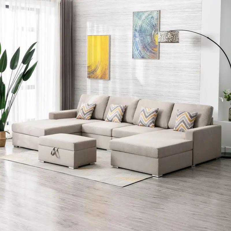 Nolan 124 Inch Beige Linen 5 Piece Double Chaise Sectional Sofa Storage lilola home