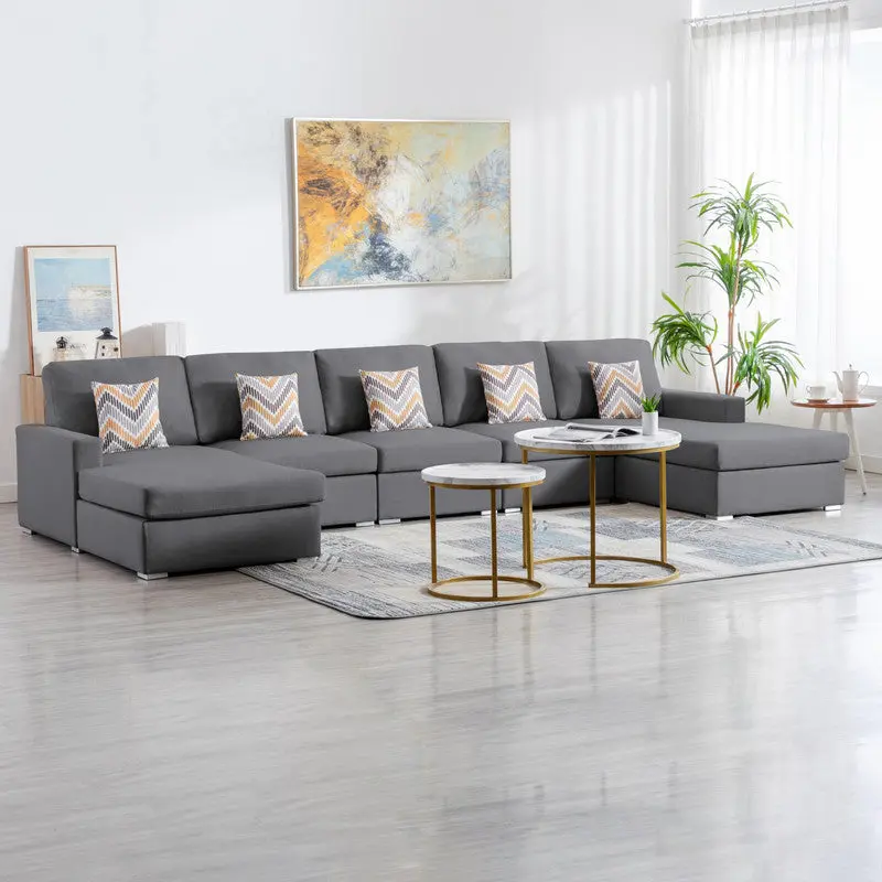 Nolan 152 Inch Gray Linen Material 5Pc Double Chaise Sectional Sofa Pillows lilola home
