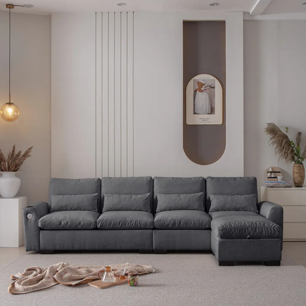 114.5 Inch Modern Modular L Shaped Chenille Sofa Reversible Ottoman senge
