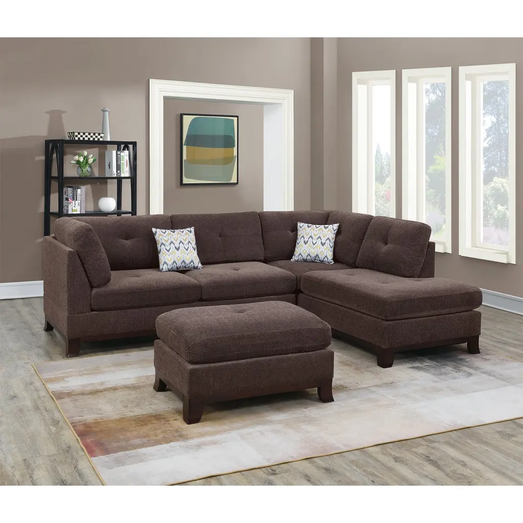Chenille Reversible Sectional Sofa Ottoman Dark Coffee Living Room simple relax