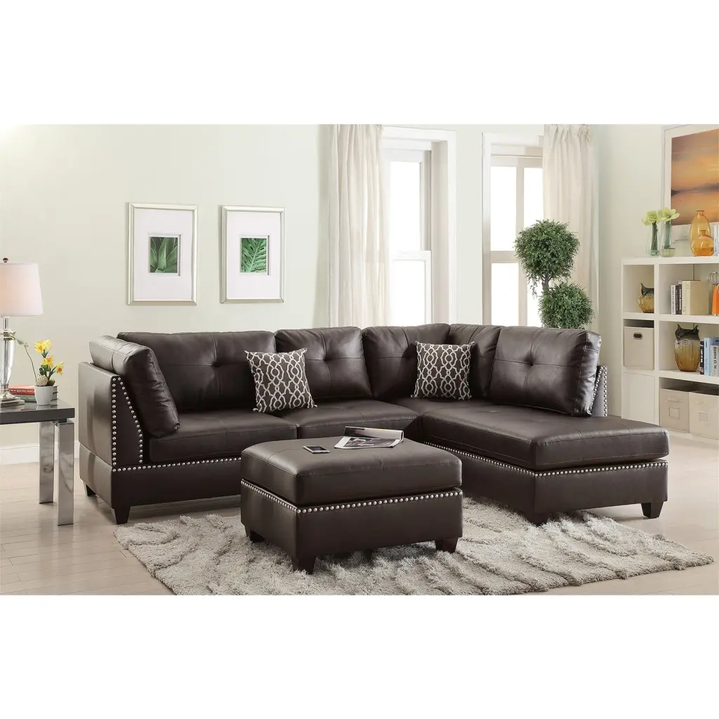 Faux Hide Reversible Sectional Sofa Ottoman Espresso Brown simple relax