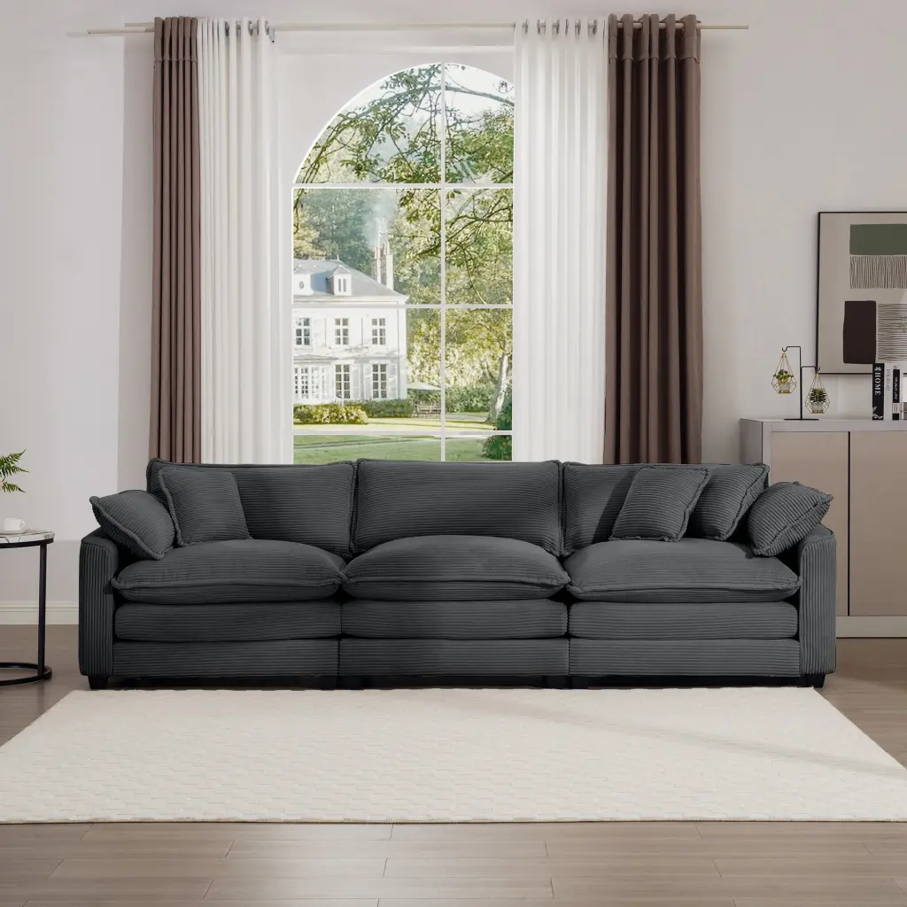 Mid Century Modern 3 Seater Sectional Sofa 2 Arm Pillows Living Room ui furniture