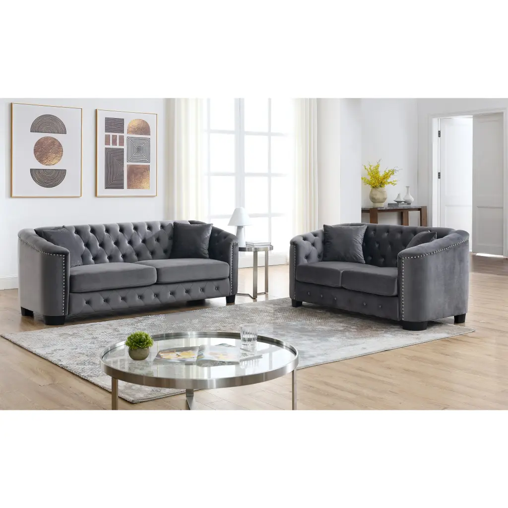 3 Seater 2 Seater Combination Sofa Velvet Grey Grey Foam 5 Seat Living Room Set welike furniture