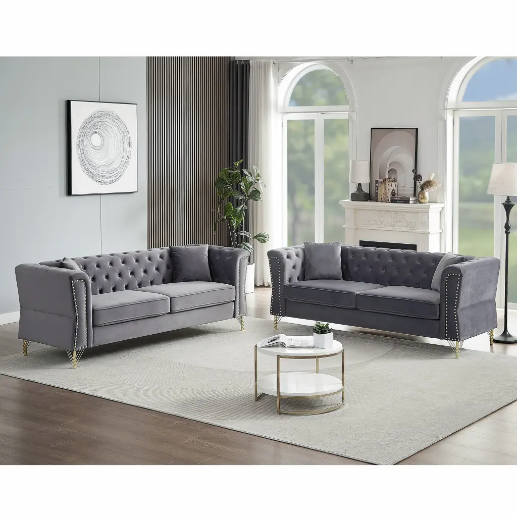 3 Seater Tufted Couch Rolled Arms and Footrest Combination Sofa welike furniture