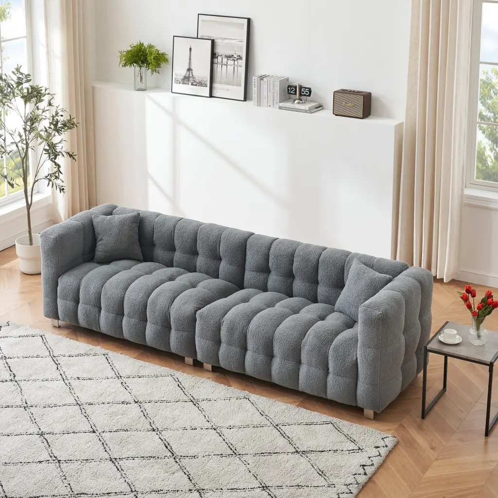 102 Inch Gray Teddy Velvet Sofa Two Throw Pillows Living Room Comfort ylf fff