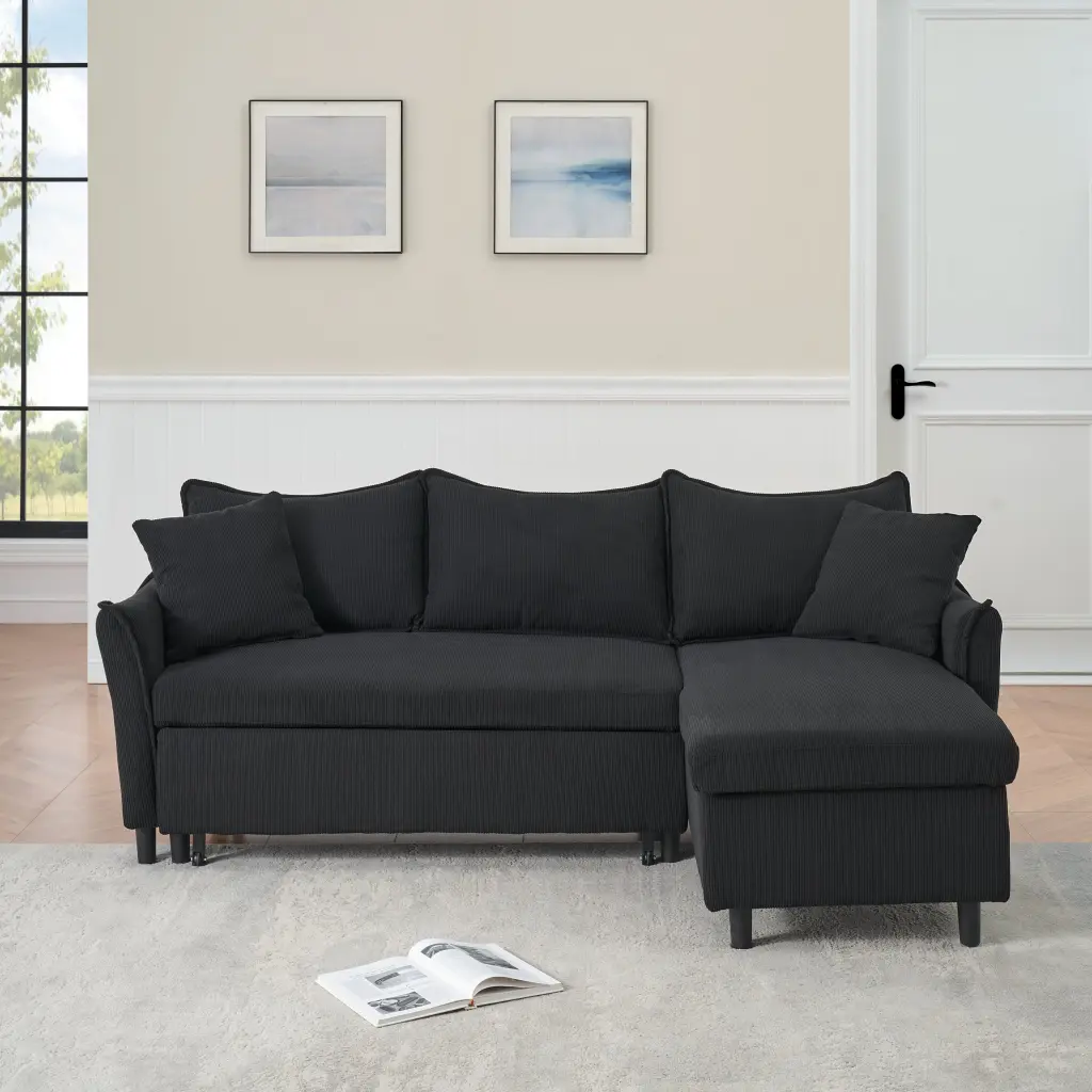80 Inch Black Corduroy L Shaped Sofa Two Throw Pillows ylf fff