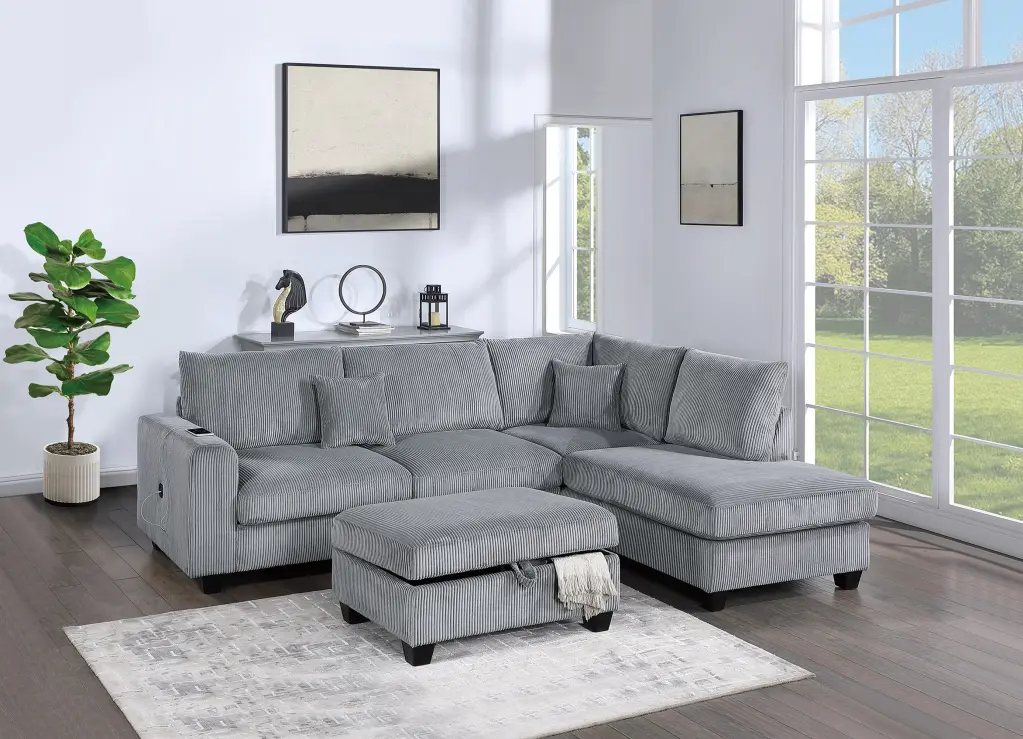 Contemporary 3 Piece Sectional Set Fog Hue Corduroy Couch Laf Sofa Raf kanepe