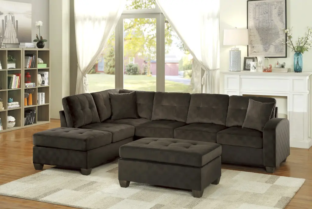 3 Piece Reversible Sectional Chaise Ottoman Tufted Chocolate Brown kanepe