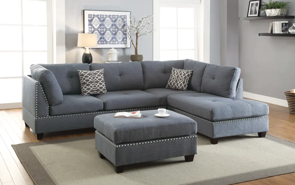 3 Pc Sectional Blue Gray Grey Material poundex