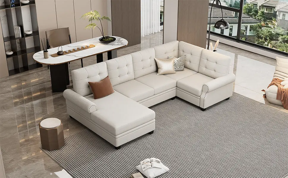 120 Inch Modern U Shaped Corner Sectional Sofa Upholstered Linen rnb
