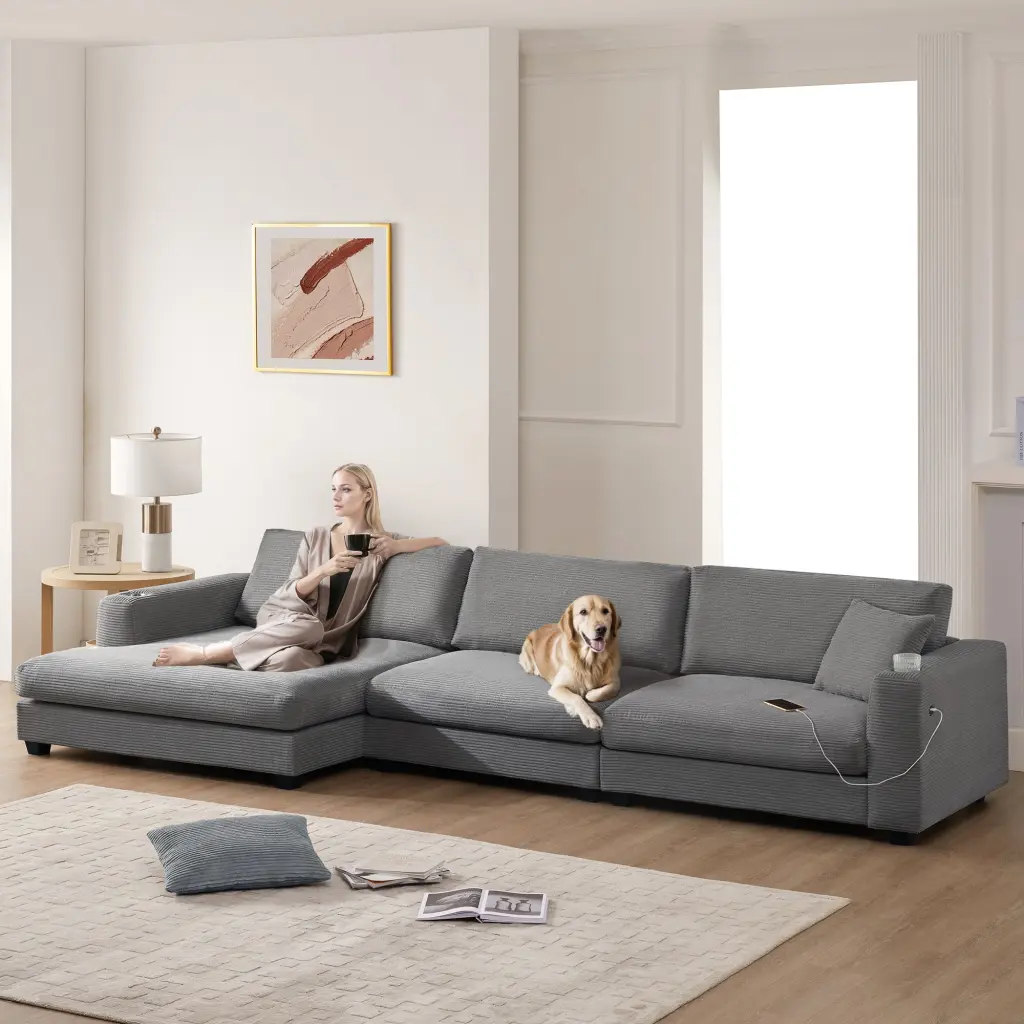 134x54 Inch Oversized Corduroy Sectional Sofa L Shaped Cloud Couch USB rnb