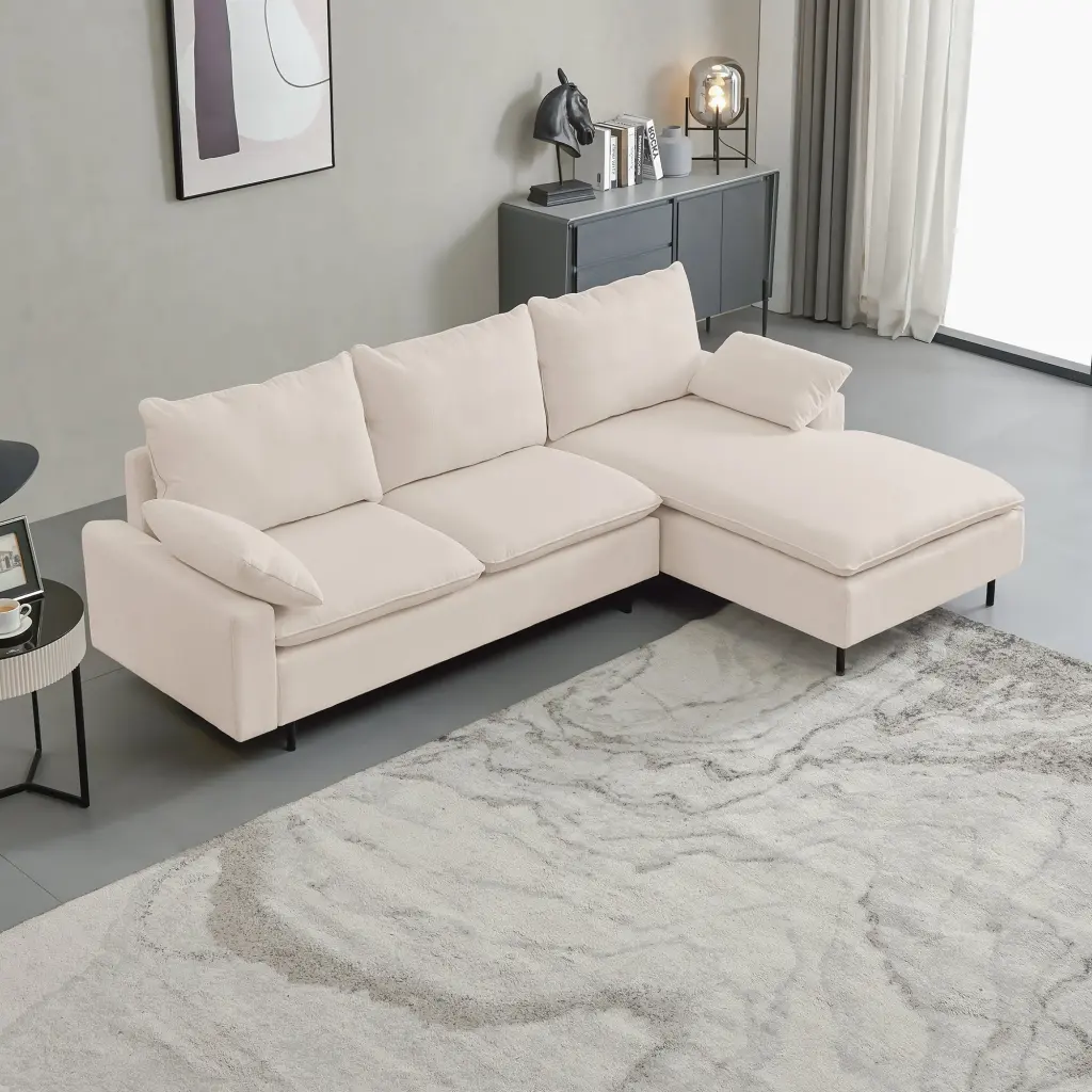 L Shaped Linen Sectional Sofa Left Chaise Right Facing Beige senge