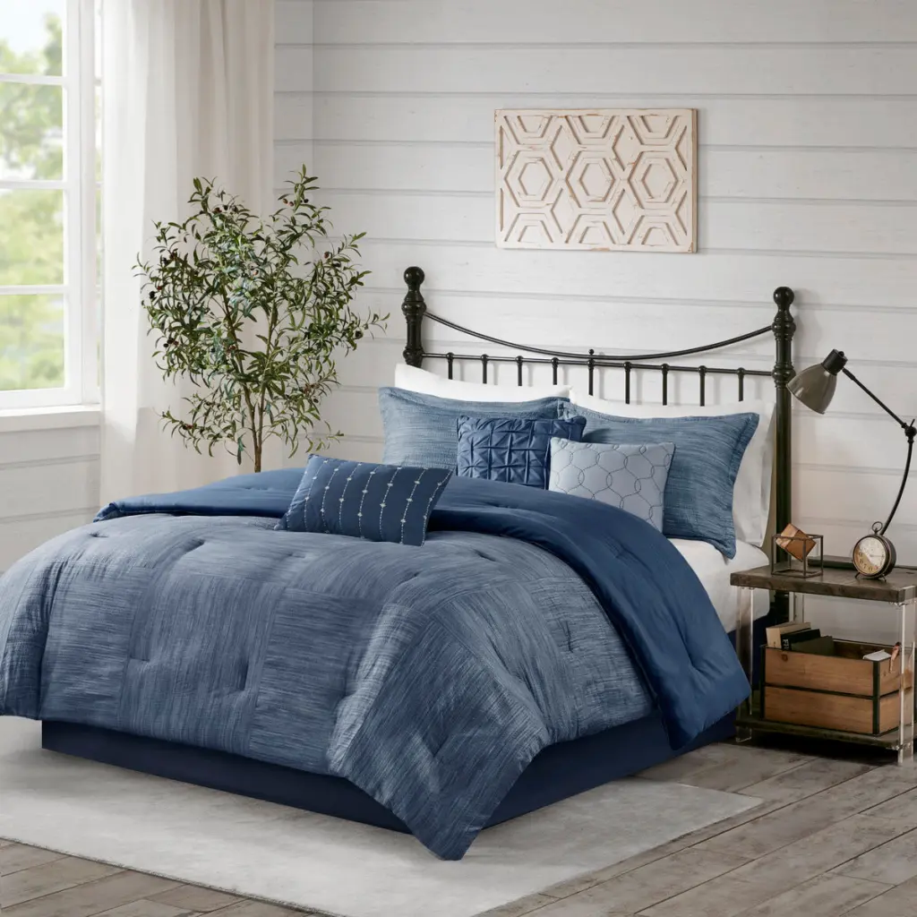 7 Piece Navy Printed Seersucker Comforter Set Queen Size - Microfiber jla