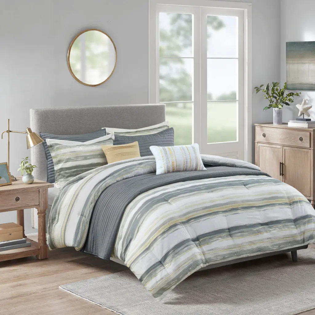 8 Piece Printed Seersucker Comforter And Quilt Set Collection Yellow Full jla