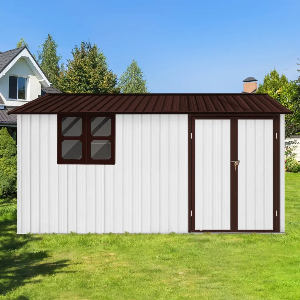 10ftx12ft Metal Garden Shed Outdoor White Coffee Shed Window storage sheds