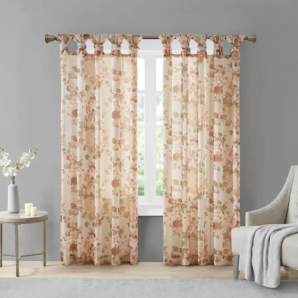 Printed Floral Twist Tab Top Voile Sheer Curtain Panel Multi Color jla