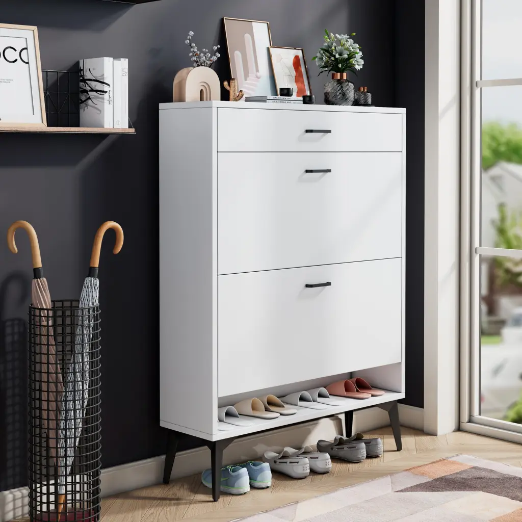 Shoe Cabinet Storage Shelves Metallic Legs White MDF Organizer d-n furniture