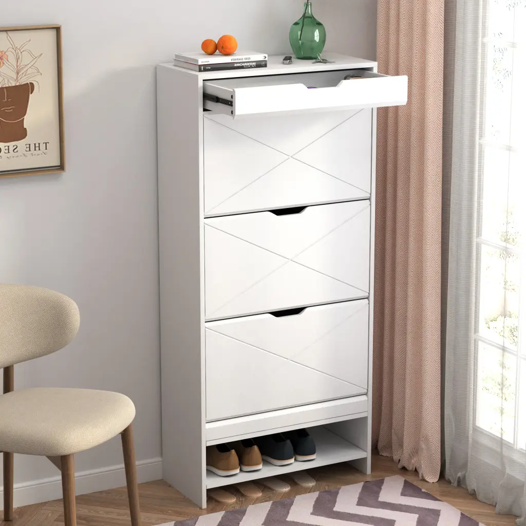 White Finish 3 Tier Tipping Bucket Shoe Storage Cabinet MDF Timber familyroom furnitures