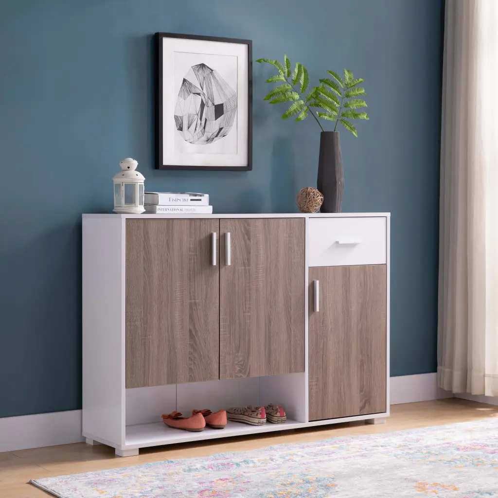 Spacious White Dark Taupe Shoe Cabinet 3 Doors Drawer Open Storage Entryway Organizer id usa