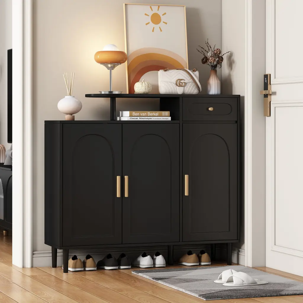 Elegant Shoe Cabinet Arched Doors and Drawer Cream Storage rnb