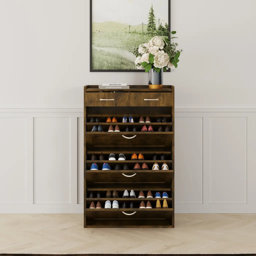 2408 Black Brown Solid Timber Shoe Cabinet Three Layers Flip Bucket Design ylf fff