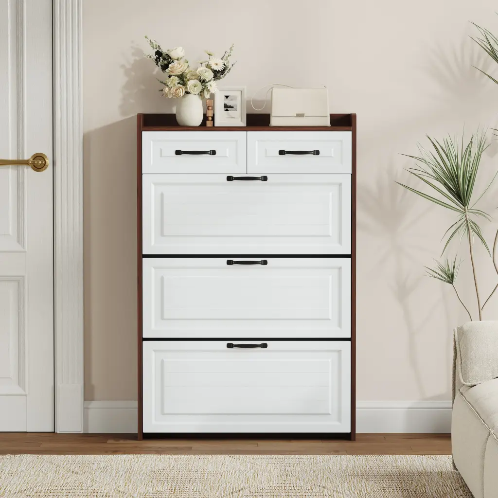 1250 Walnut Shoe Cabinet 3 Doors 2 Drawers PVC Door Design Storage Organizer zr furniture