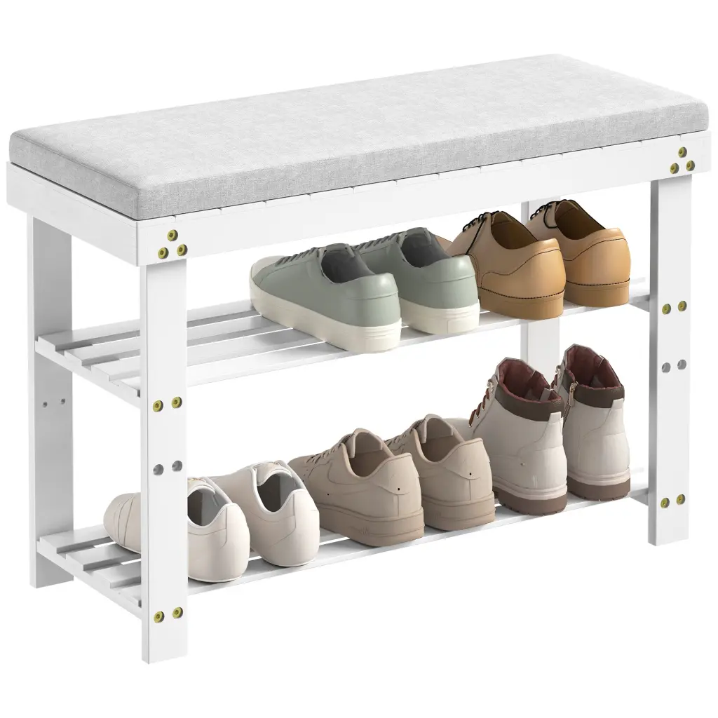 Bamboo Shoe Bench 3 Tier Shoe Rack Entryway Bench Cushion t3210
