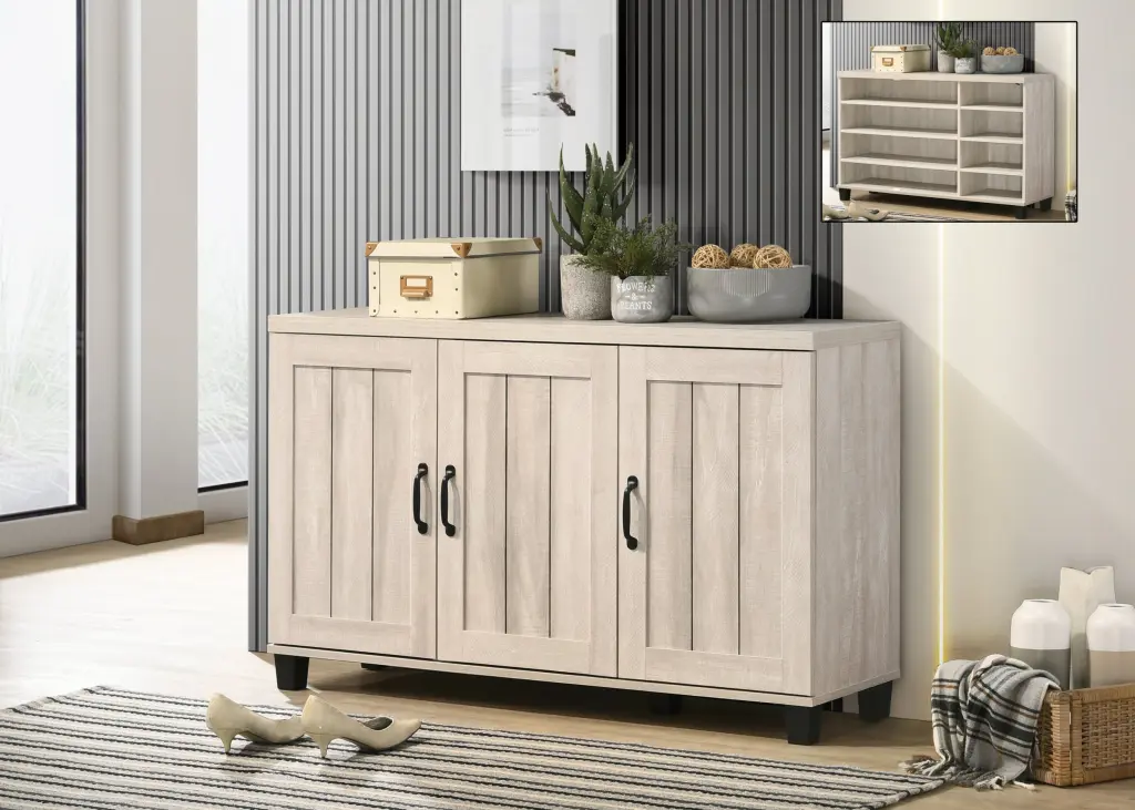 Corby 45 Inch Dusty Gray Oak Finish 3 Door Shoe Cabinet Organizer lilola home