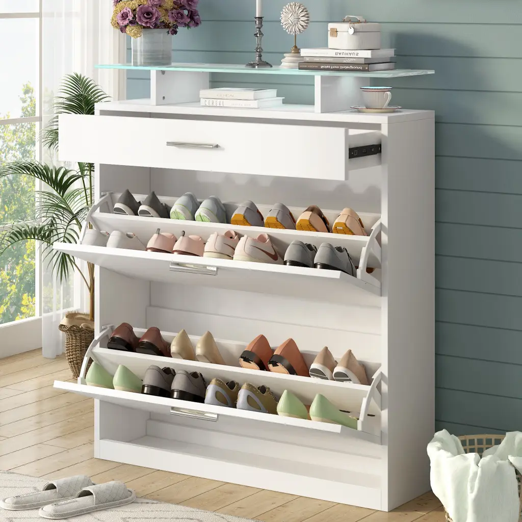 Slim Entryway Organizer 2 Flip Drawers and Tempered Crystal Top on-trend