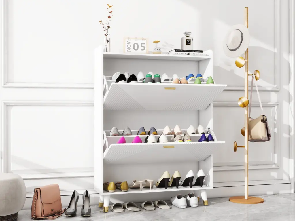 White Two Flip Shoe Cabinet Timber Finish rigmore