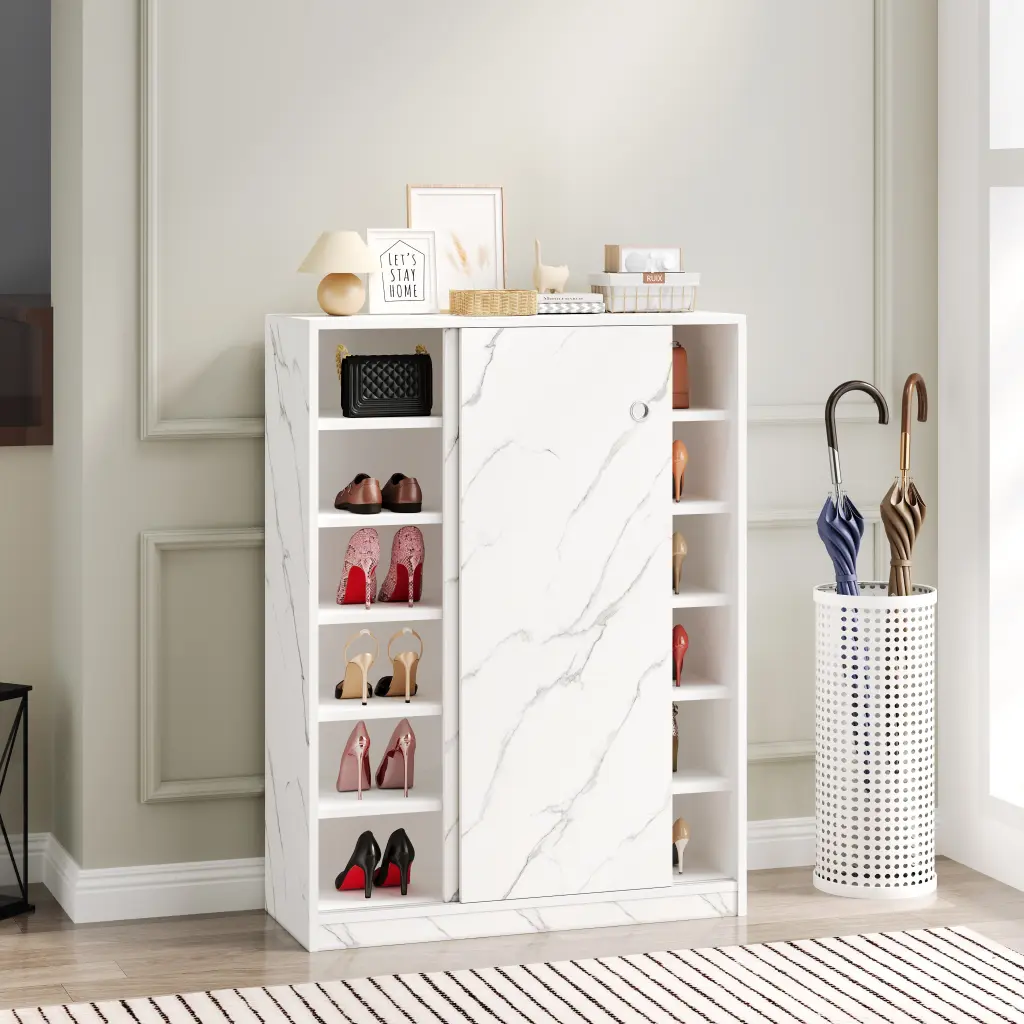 Stone White Shoe Cabinet Sliding Door 6 Layers Storage Entryway Organizer zr furniture