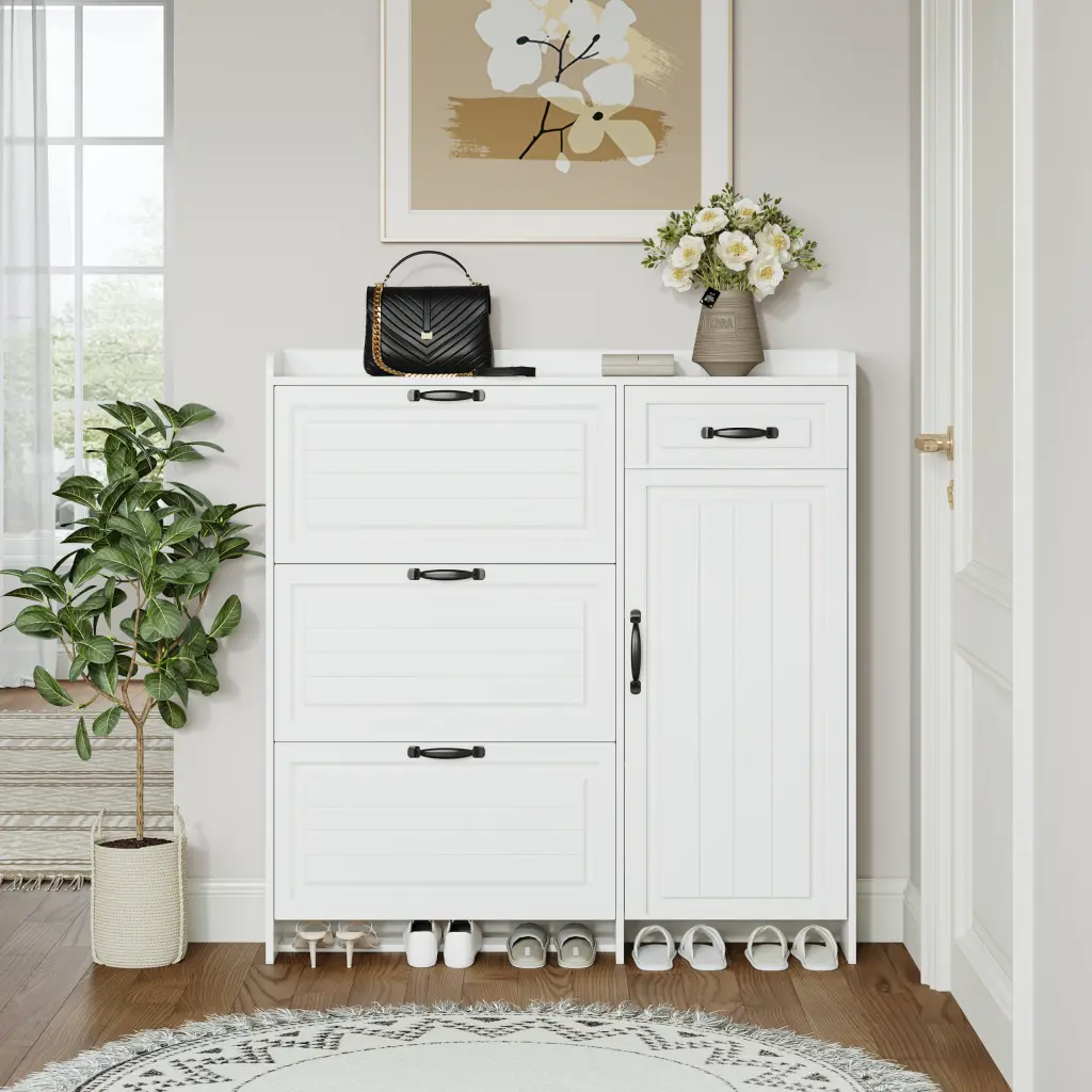 White Shoe Cabinet 4 Doors and 1 Drawer PVC Door Entryway Storage zr furniture