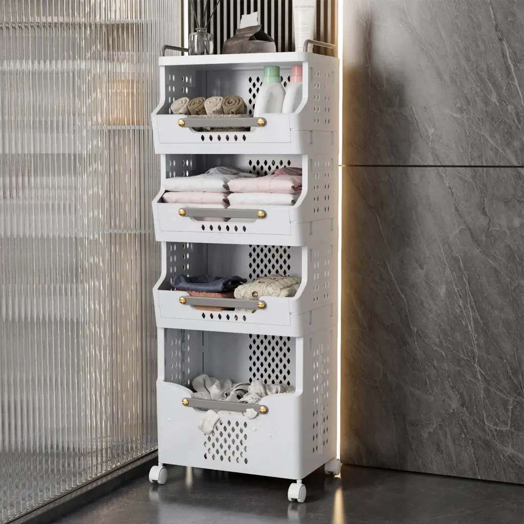 4 Tier Rolling Storage Shopping Basket Wheels Large Capacity Kitchen Organizer leavader