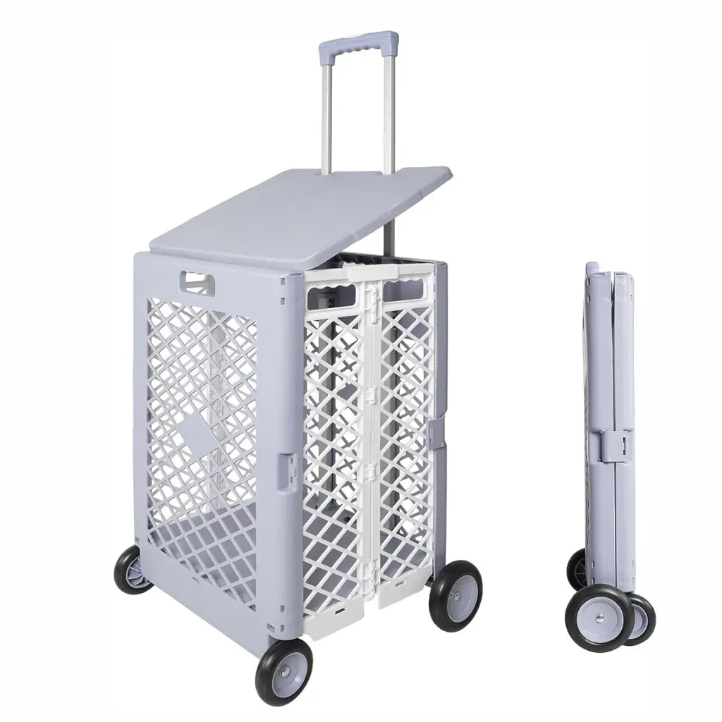 55L Collapsible Rolling Shopping Basket Wheels Travel Friendly Utility Cart w2181