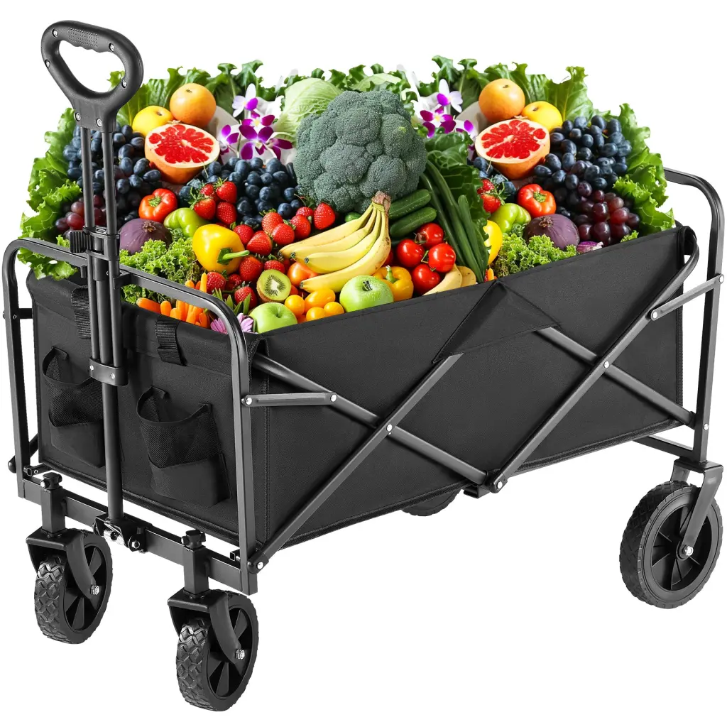 Black Collapsible Folding Wagon Shopping Basket Wheels w2201