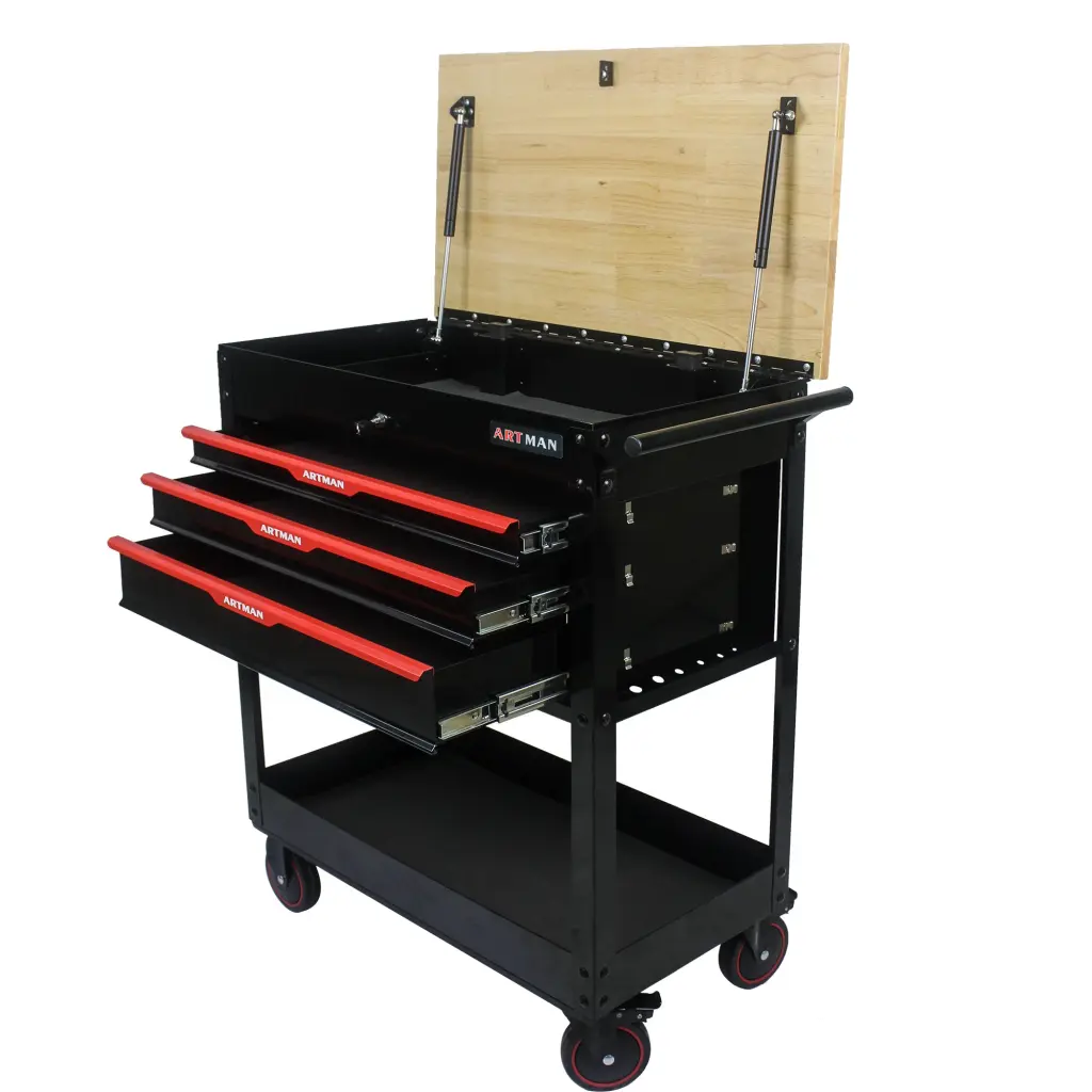 3 Drawers Multifunctional Tool Shopping Basket Wheels and Timber Top Black artman