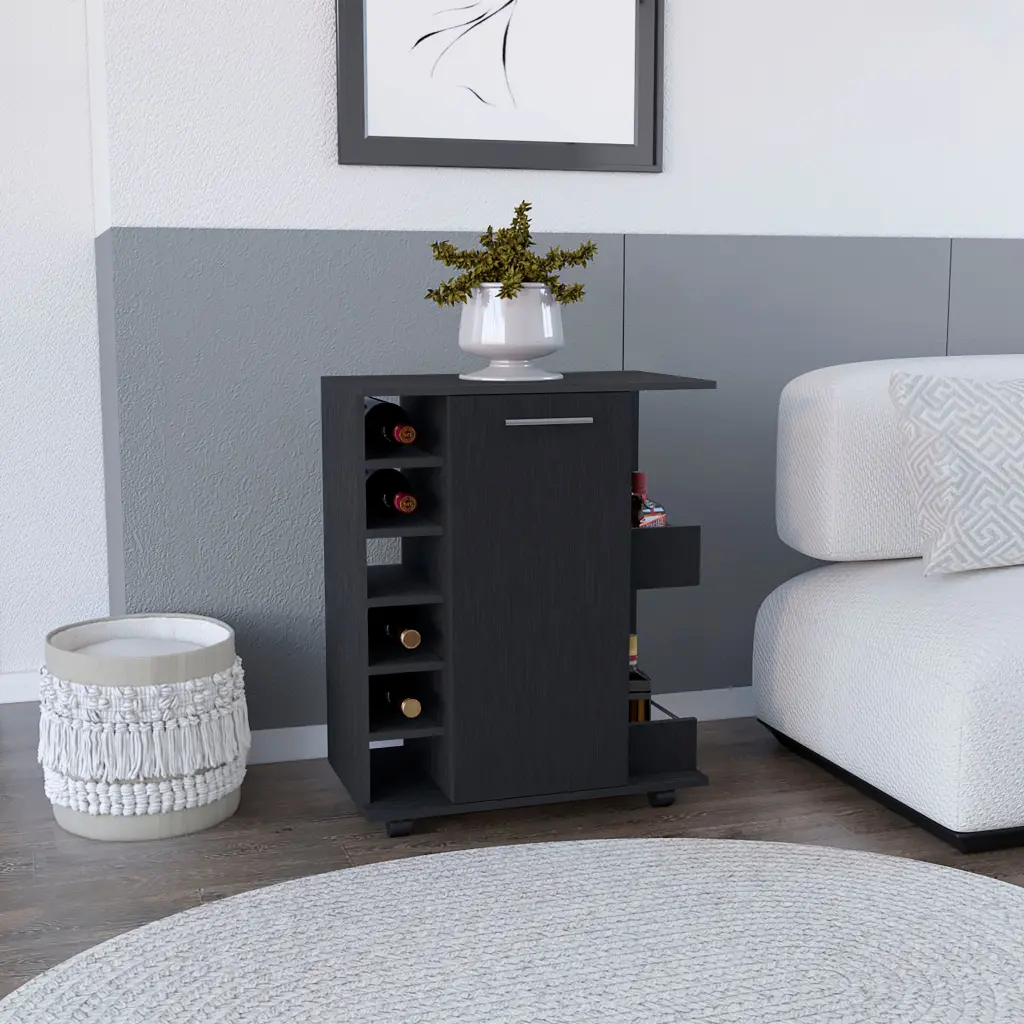 Black 4 Wheel Bar Shopping Basket Cabinet Kitchen Living Room Storage 6 Side Pockets depot e-shop