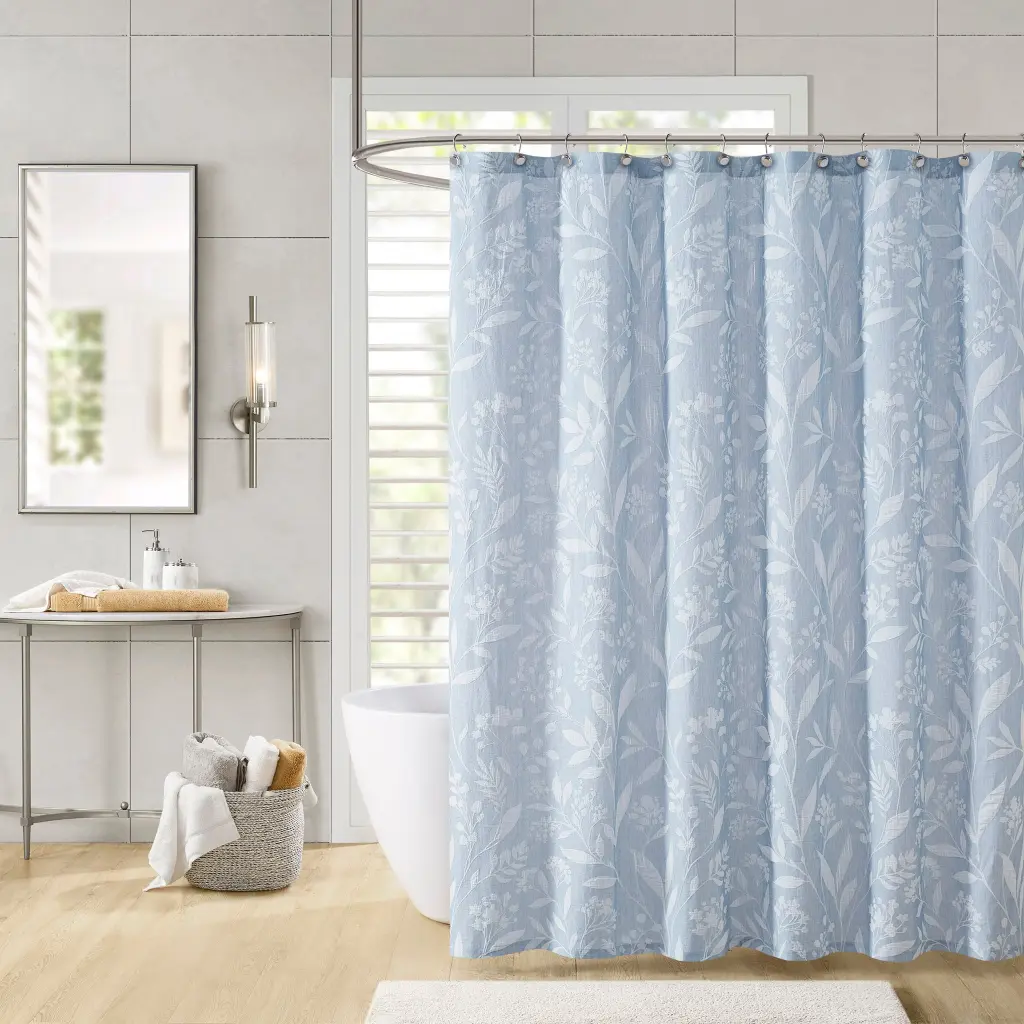 Blue Cotton Floral Shower Curtain Bathroom Decor jla