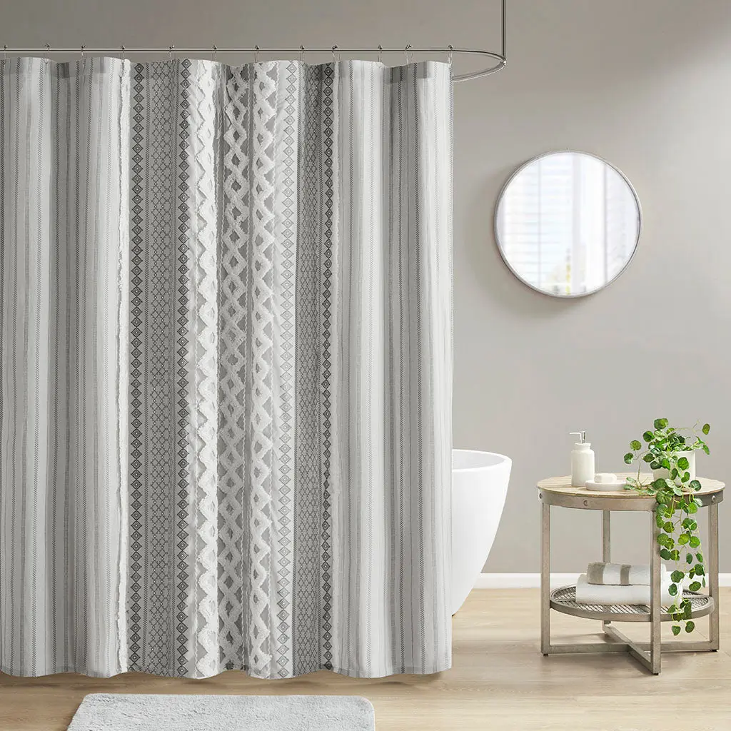 Cotton Printed Shower Curtain Chenille Trim Gray jla