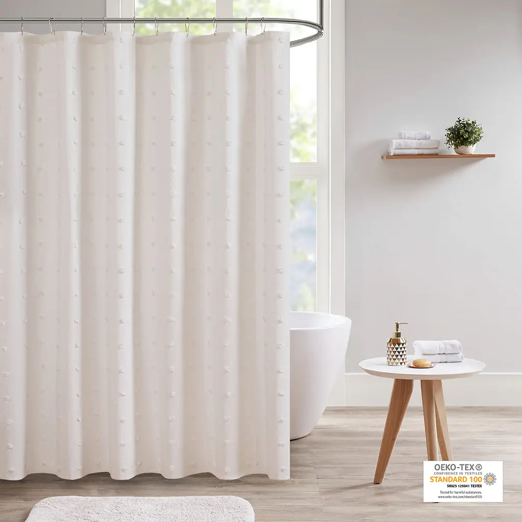 Brooklyn Cotton Jacquard Pom Pom Shower Curtain Ivory jla