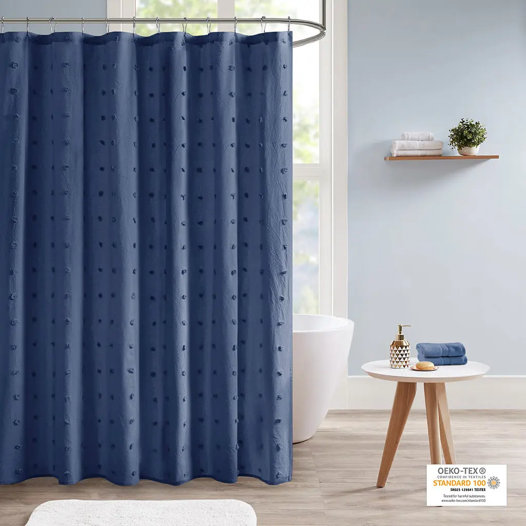 Cotton Jacquard Pom Pom Shower Curtain Indigo Blue jla