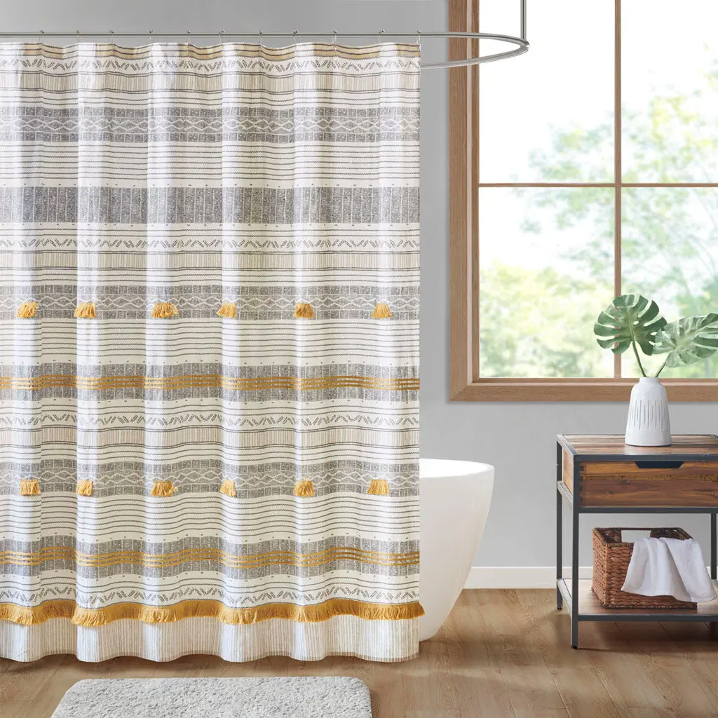 Cotton Stripe Printed Shower Drape Tassel Gray and Yellow jla