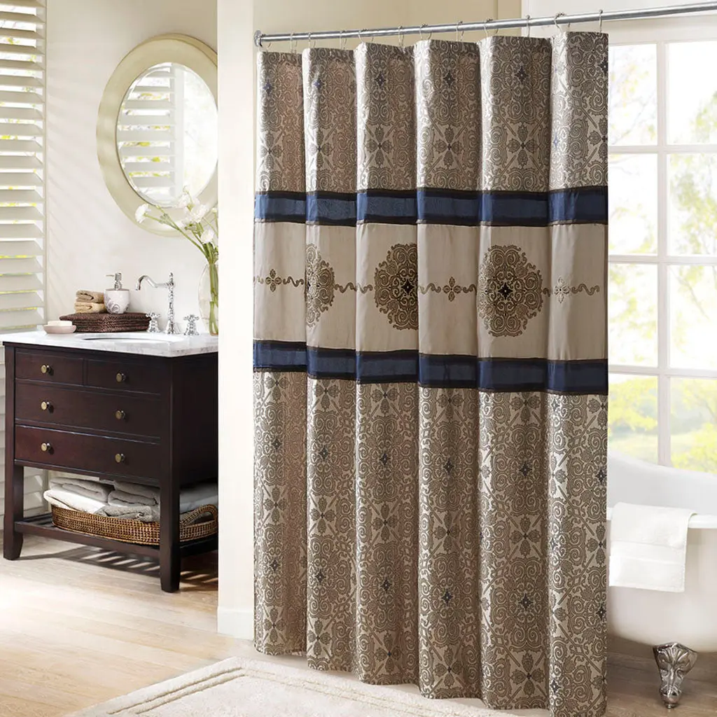 Embroidered Shower Curtain Navy Cotton jla